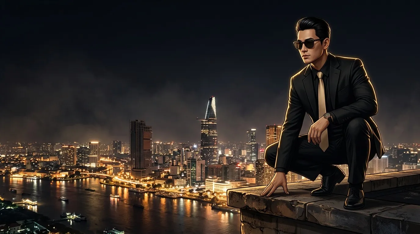 東南亞蜘蛛人蹲在大樓頂俯瞰胡志明夜景